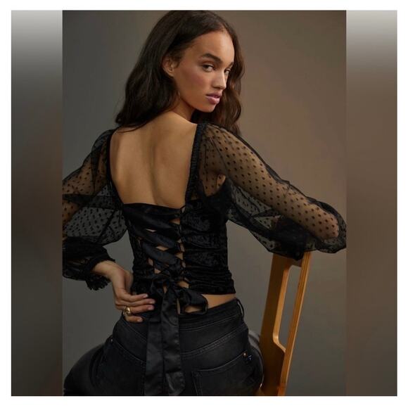 Anthropologie Porridge Black Velvet Lace Up Back Top Small Swiss Dot Puff Sleeve - Picture 12 of 12